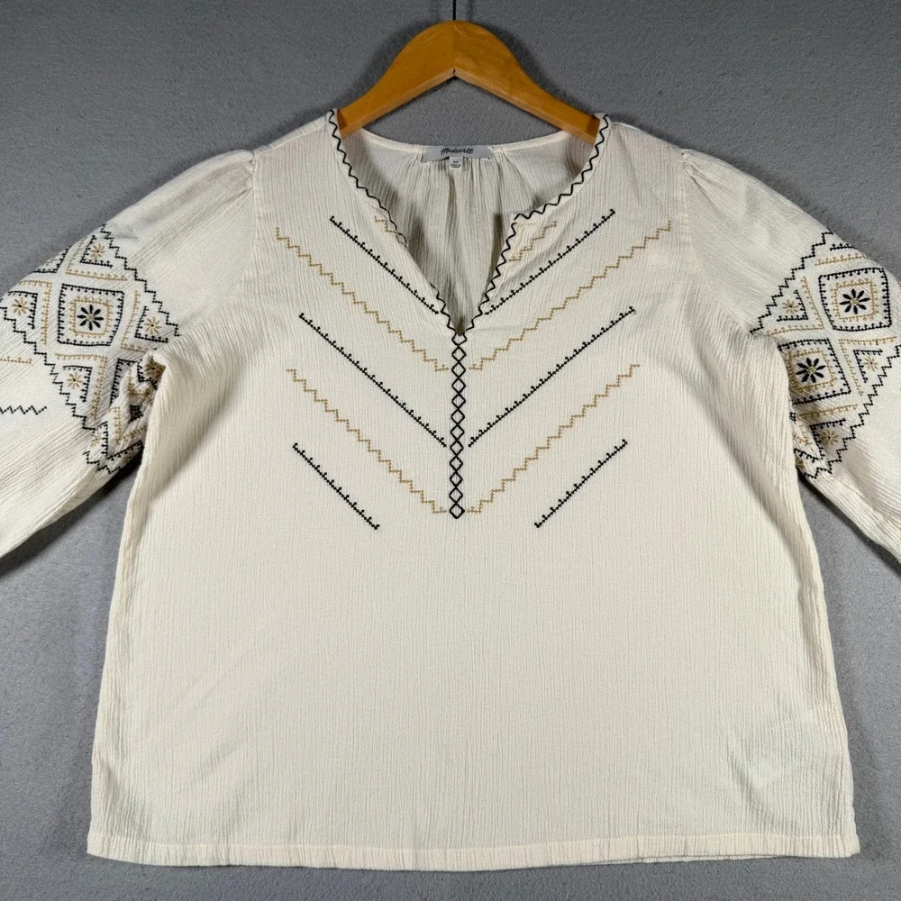 Madewell MD132 Cream Embroidered‎ Cotton Crinkle Gauze Peasant Blouse XS SP21